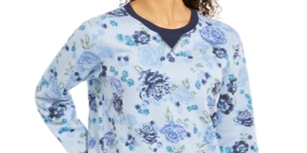 Karen Scott Women's Printed Crewneck Sweatshirt Blue Size Petite Medium