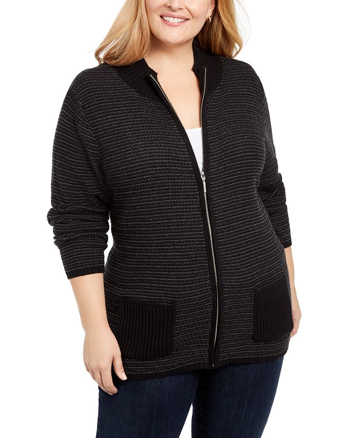 Karen Scott Women's Textured Zip Front Cardigan Black Size 1X