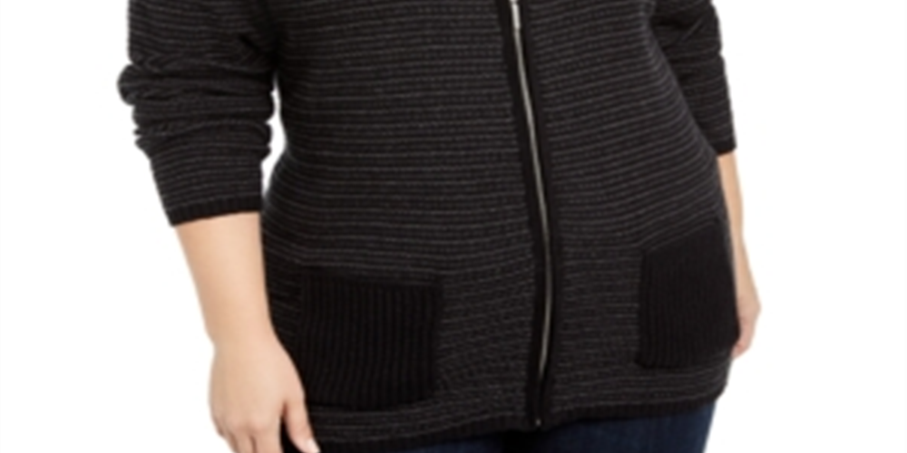 Karen Scott Women's Textured Zip Front Cardigan Black Size 1X
