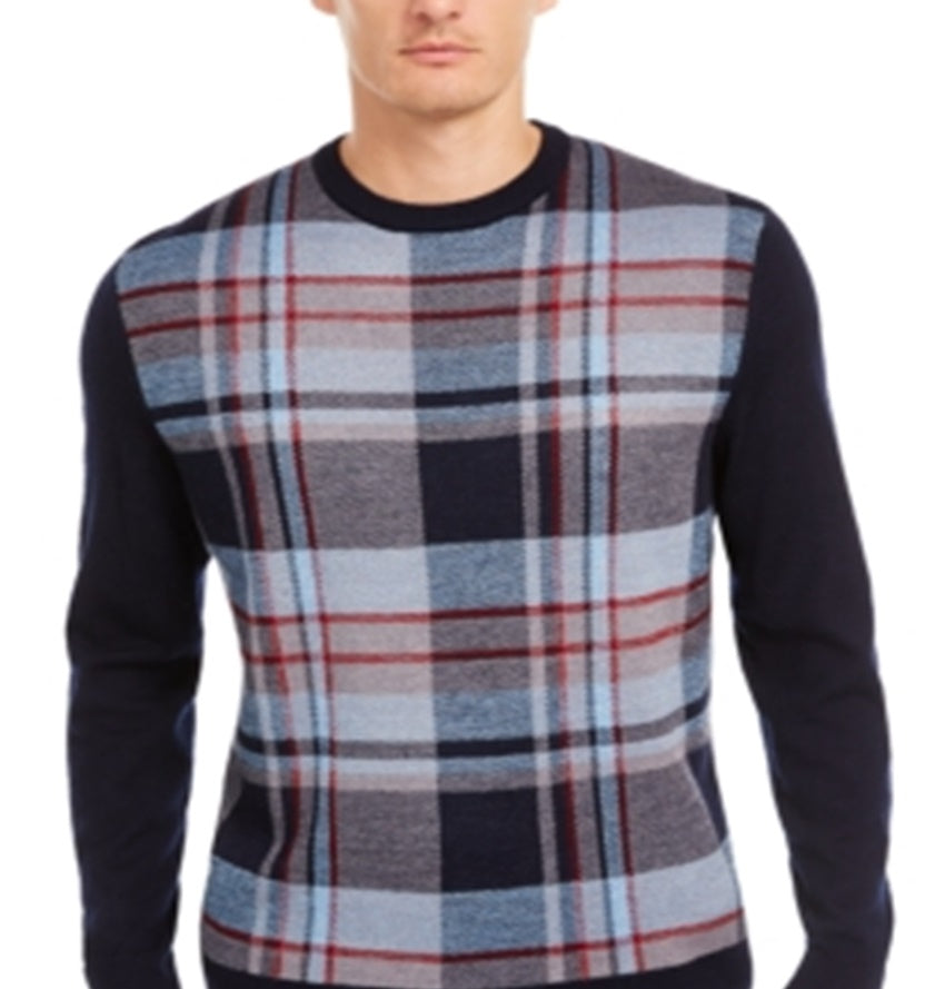 Club Room Men's Plaid Panel Merino Wool Blend Sweater Blue Size X-Large
