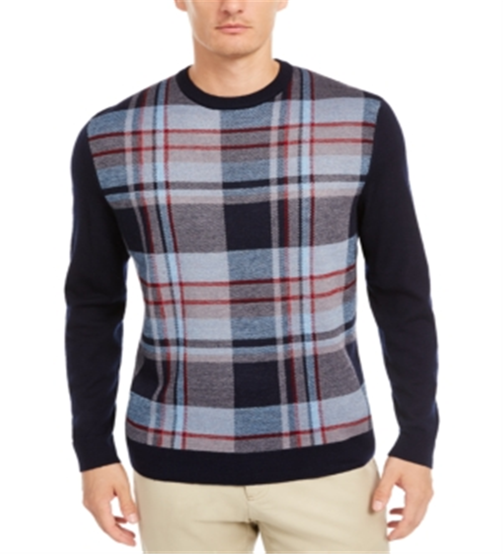 Club Room Men's Plaid Panel Merino Wool Blend Sweater Blue Size X-Large