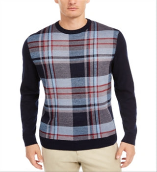 Club Room Men's Plaid Panel Merino Wool Blend Sweater Blue Size X-Large