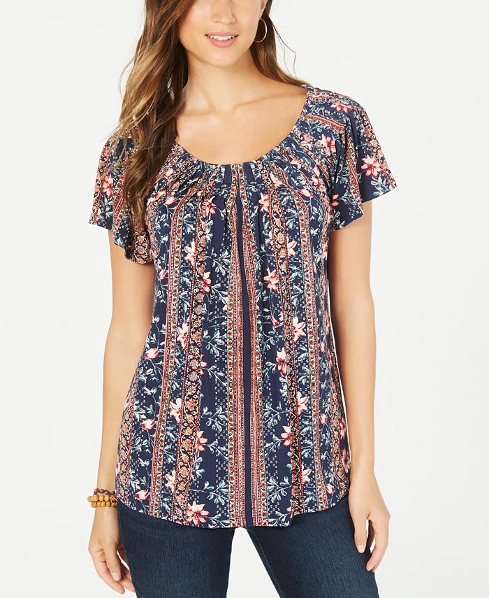 Style & Co Women's Floral Print Top Black Size Petite