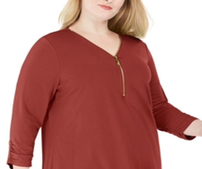 JM Collection Women's Solid Zip Top Red Size 3X