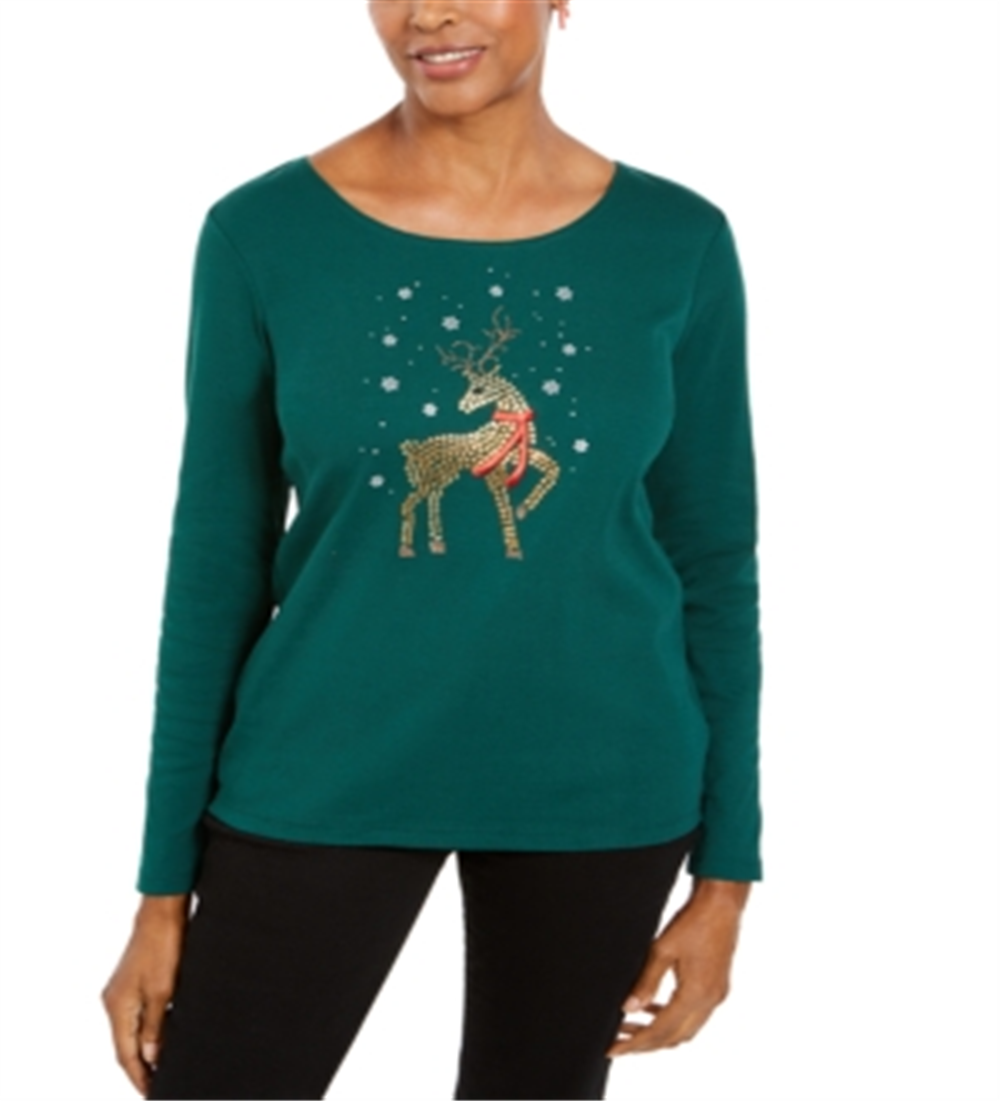 Karen Scott Women's Rhinestone Reindeer Holiday Shirt Green Size X-Small