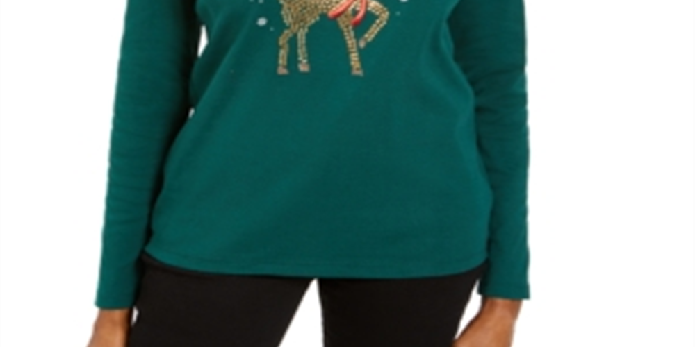 Karen Scott Women's Rhinestone Reindeer Holiday Shirt Green Size X-Small