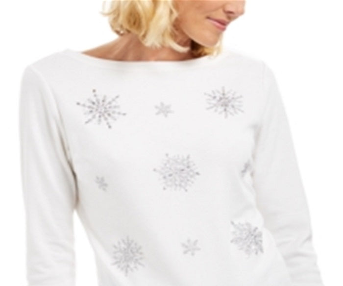 Karen Scott Women's Embellished Snowflake Top White Size Large