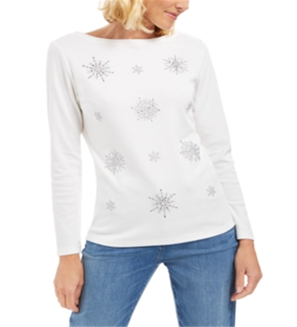Karen Scott Women's Embellished Snowflake Top White Size Large