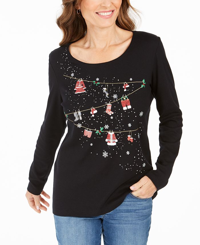 Karen Scott Women's Embellished Cotton Top Black Size X-Small