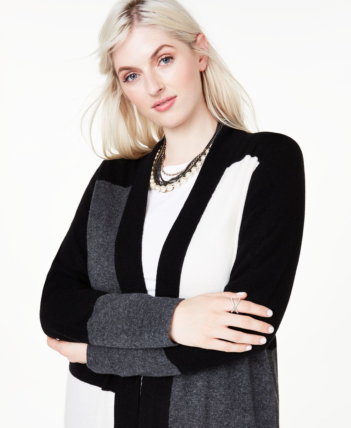 Charter Club Women's Plus Colorblock Cashmere Cardigan Black Size 3X