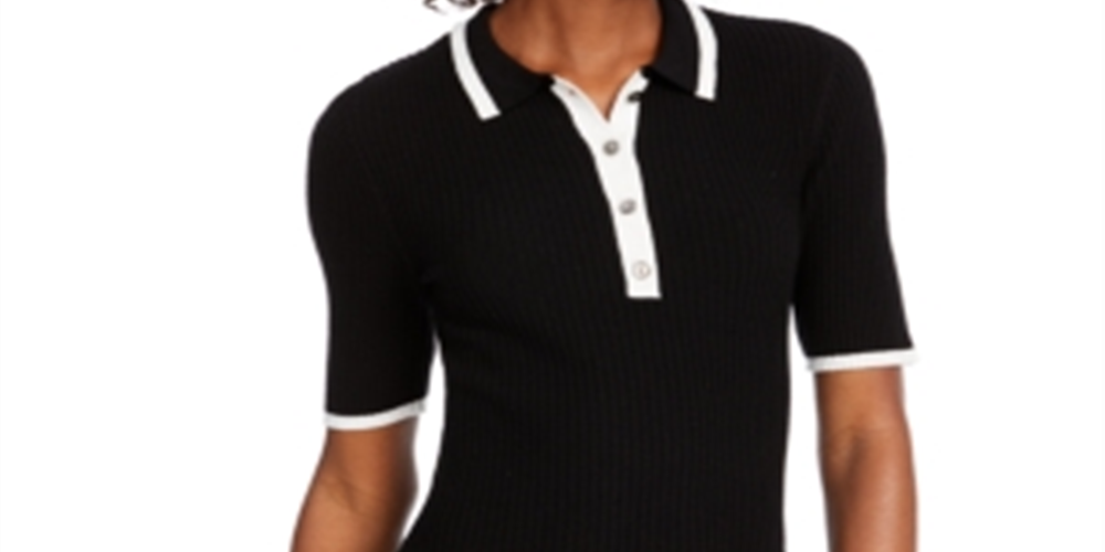 Maison Jules Women's Button Short Sleeve Collared Top Black Size Large