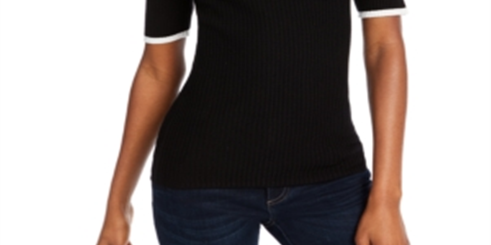 Maison Jules Women's Button Short Sleeve Collared Top Black Size Large