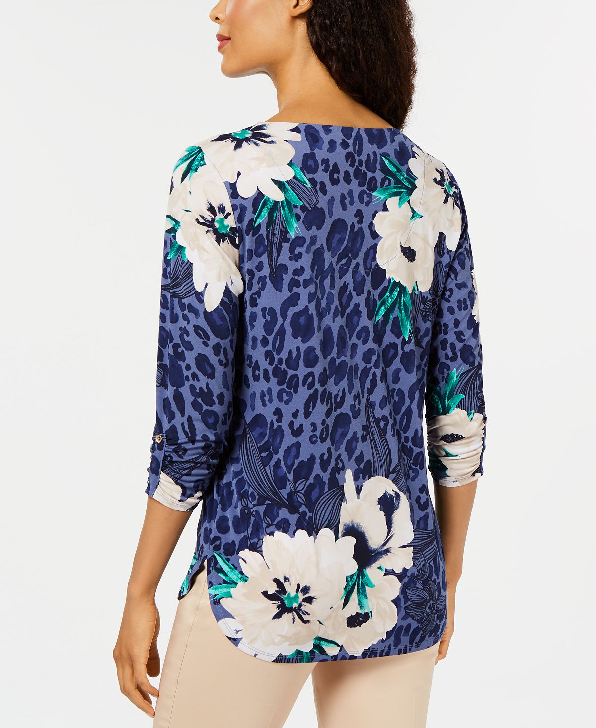 JM Collection Women's Printed Zip Neck Tunic Blue Size Petite L