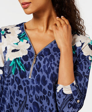 JM Collection Women's Printed Zip Neck Tunic Blue Size Petite L