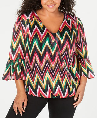 INC International Concepts Women's Chevron Bell Sleeve V Neck Formal Top Pink Size 3X