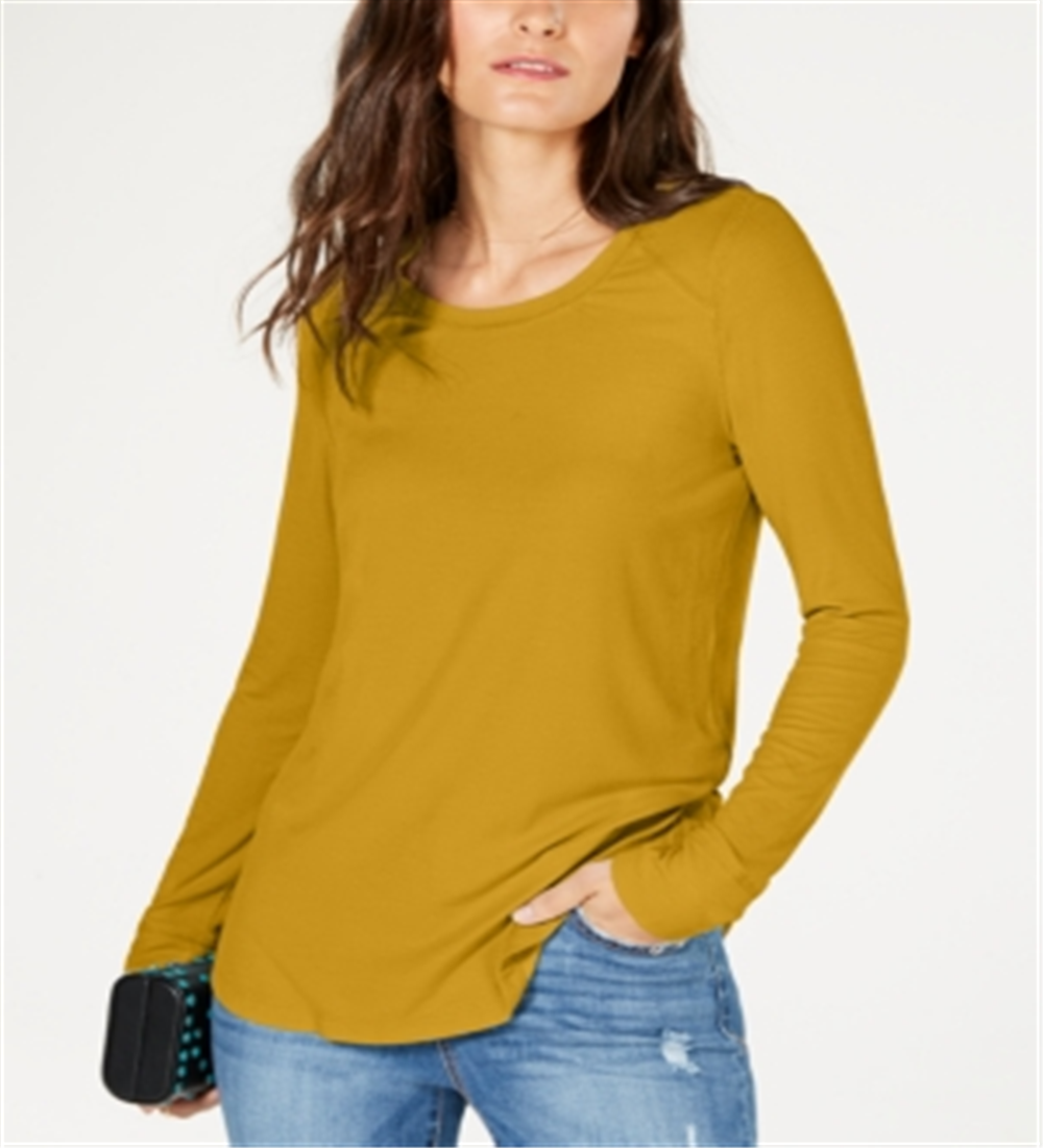 INC International Concepts Women's Gold Textured Long Sleeve Scoop Neck T-Shirt Yellow Size X-Large
