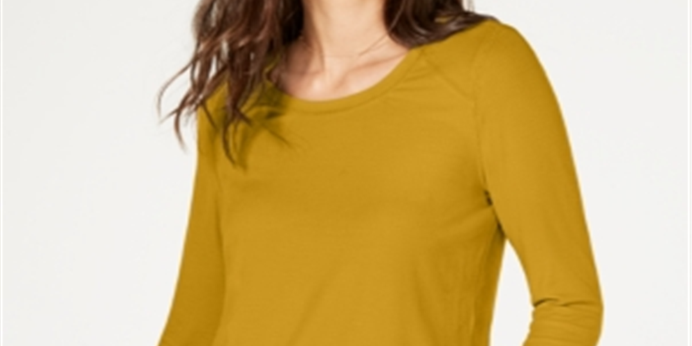 INC International Concepts Women's Gold Textured Long Sleeve Scoop Neck T-Shirt Yellow Size X-Large