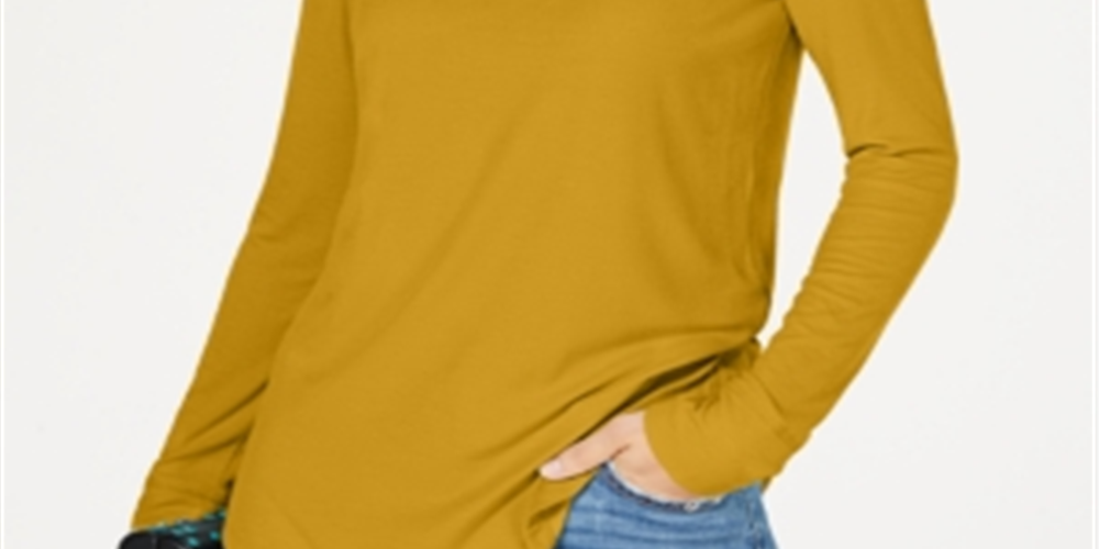 INC International Concepts Women's Gold Textured Long Sleeve Scoop Neck T-Shirt Yellow Size X-Large