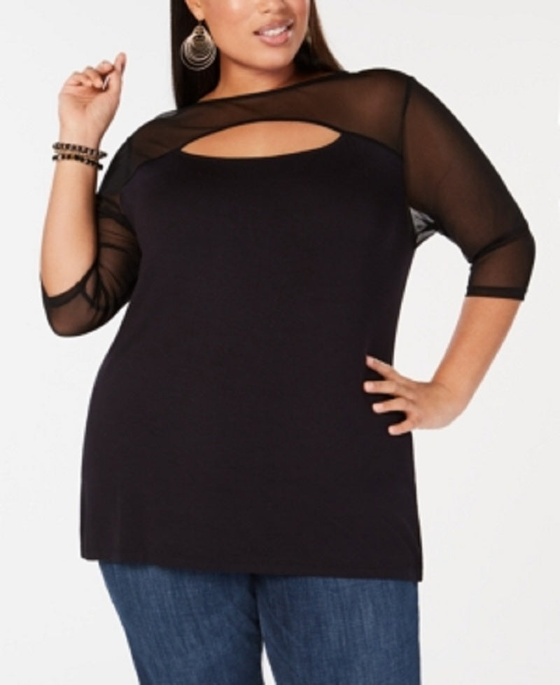 INC International Concepts Women's Plus Illusion Detail Top Black Size 1X