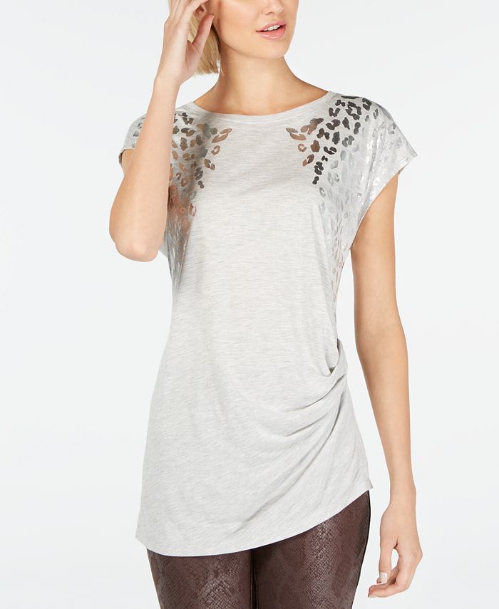 INC International Concepts Men's Ruched Animal Print Cap Sleeve Crew Neck T-Shirt Top Gray Size Small