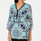 JM Collection Women's Printed Embellished Top Green Size Petite