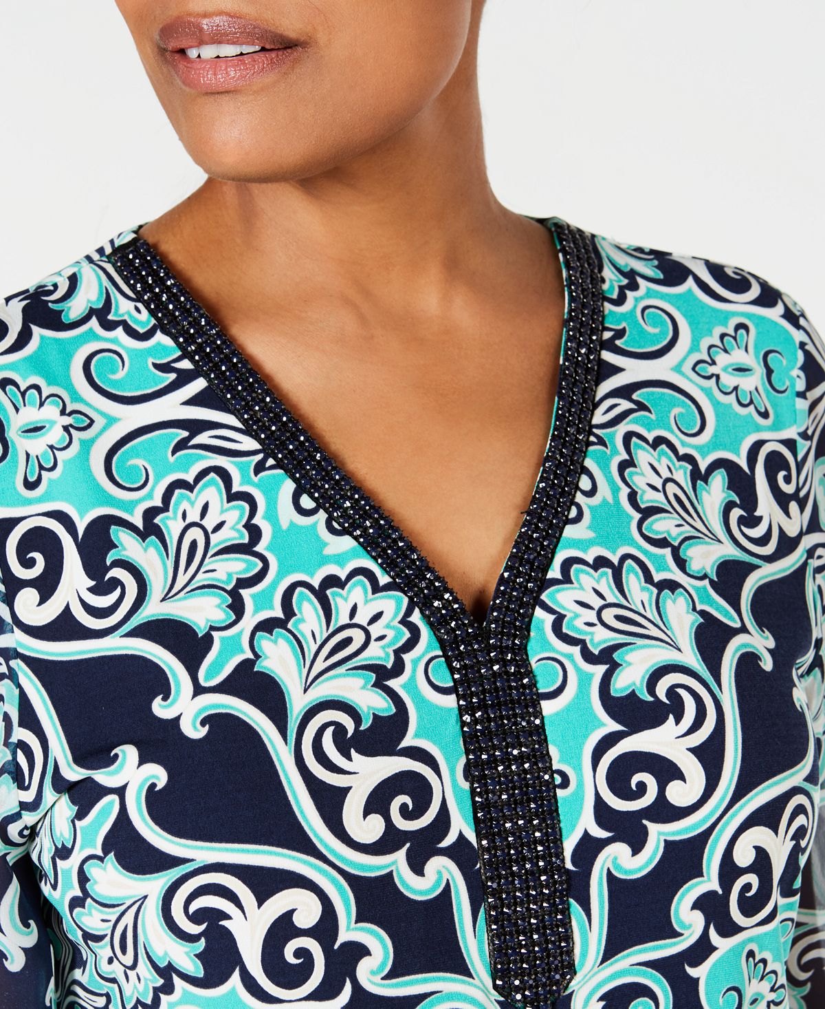 JM Collection Women's Printed Embellished Top Green Size Petite