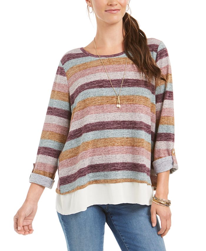 Style & Co Women's Striped Layered Look Sweater Purple Size Petite M