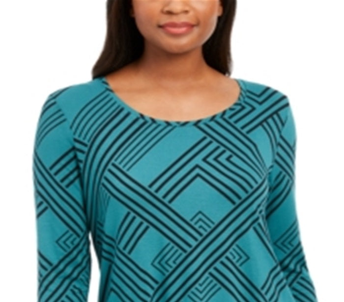 JM Collection Women's Printed 3/4 Sleeve Top Green Size Petite S