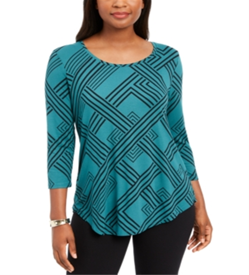 JM Collection Women's Printed 3/4 Sleeve Top Green Size Petite S