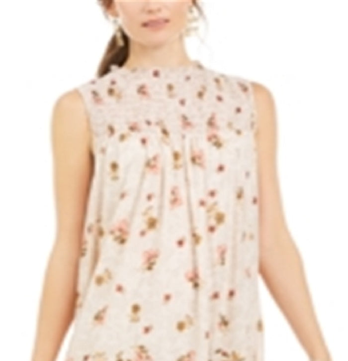 Style & Co Women's Printed Smocked Dress Beige Size PP