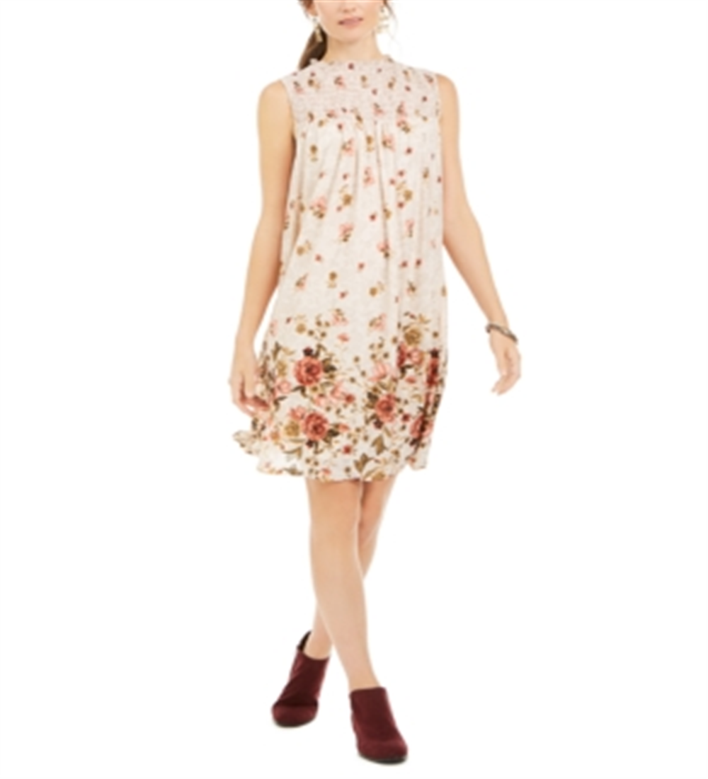 Style & Co Women's Printed Smocked Dress Brown Size Petite
