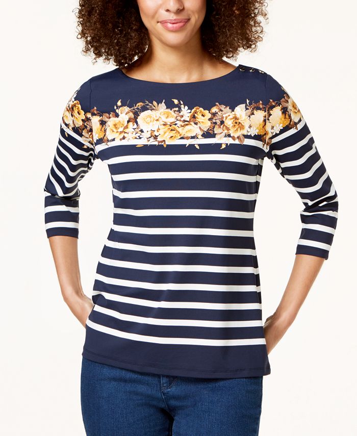 Charter Club Women's Striped 3/4 Sleeve Boat Neck Top Black Size Large