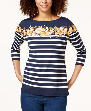 Charter Club Women's Striped 3/4 Sleeve Boat Neck Top Black Size Large