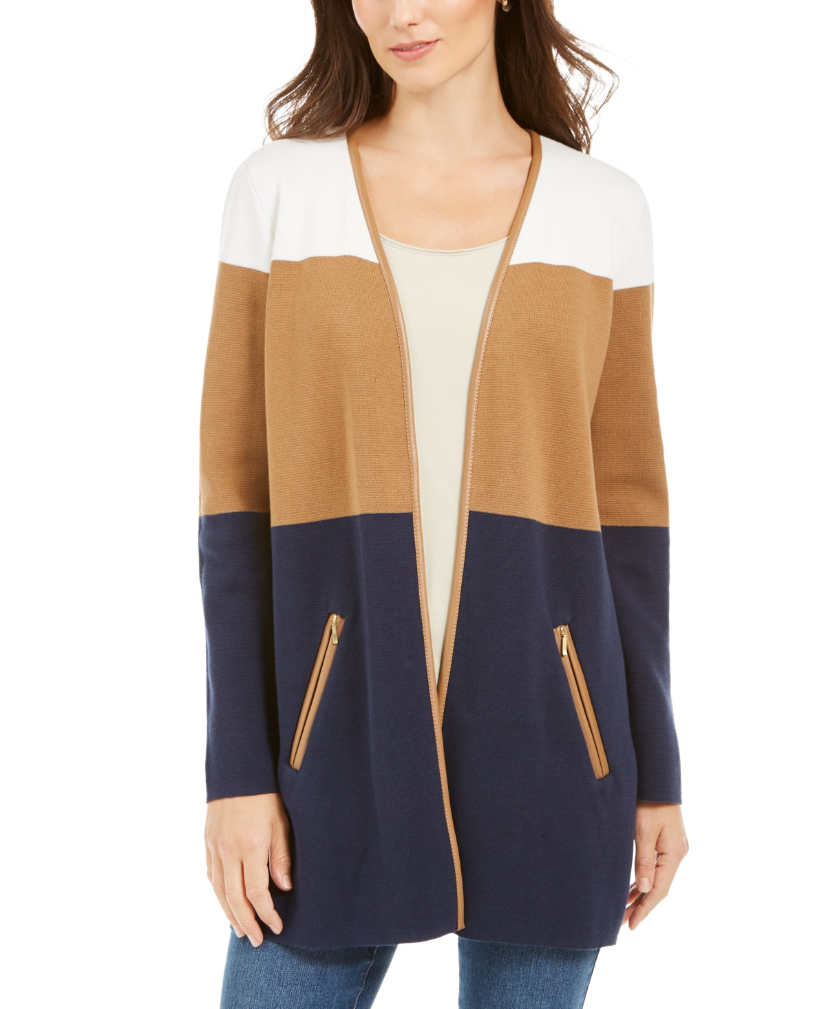 Charter Club Women's Milano Cotton Colorblocked Cardigan Blue Size Medium