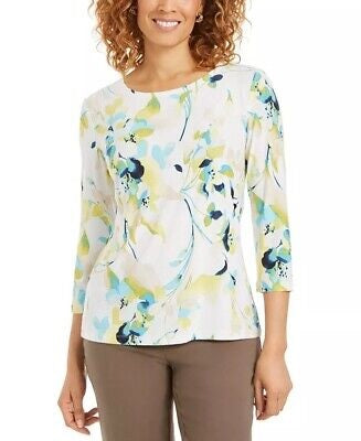 JM Collection Women's 3/4 Sleeve Novelty Printed Jacquard Top Green Size XX-Large