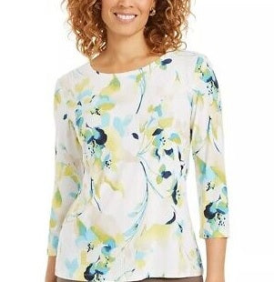 JM Collection Women's 3/4 Sleeve Novelty Printed Jacquard Top Green Size XX-Large