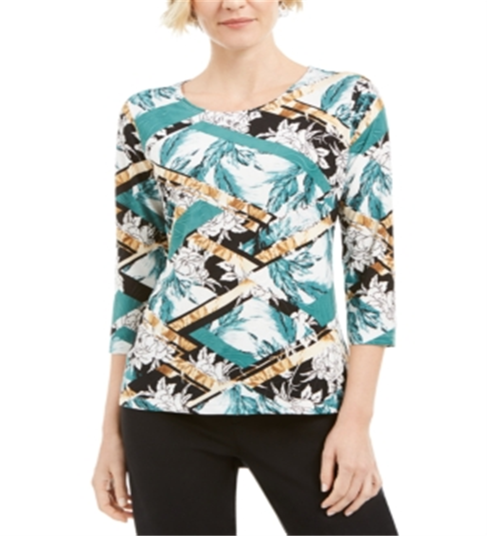 JM Collection Women's 3/4 Sleeve Printed Jacquard Top Green Size XX-Large