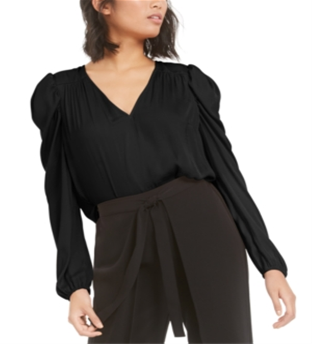 Bar III Women's Long Sleeve V Neck Top Black Size Large