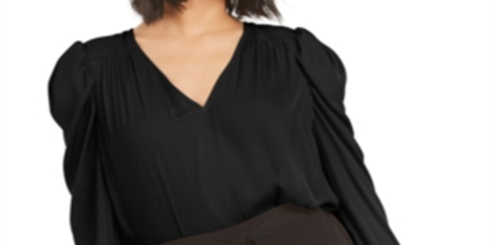 Bar III Women's Long Sleeve V Neck Top Black Size Large