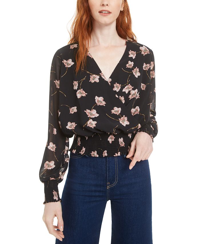 Bar III Women's Floral Long Sleeve V Neck Top Black Size Small