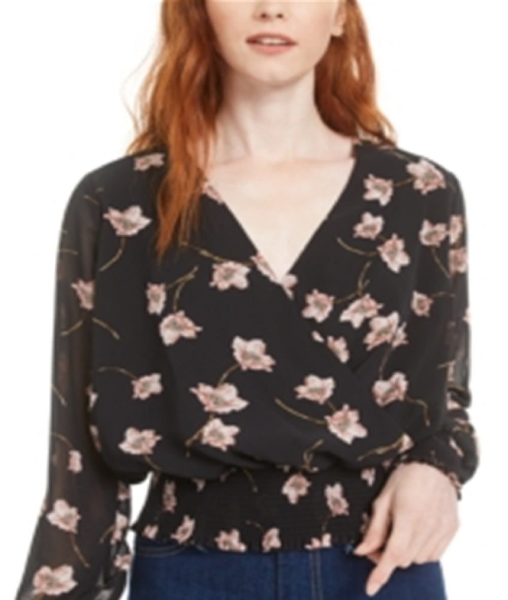 Bar III Women's Floral Long Sleeve V Neck Top Black Size Small