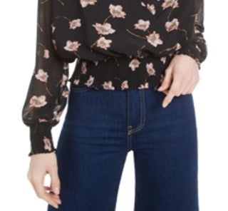 Bar III Women's Floral Long Sleeve V Neck Top Black Size Small