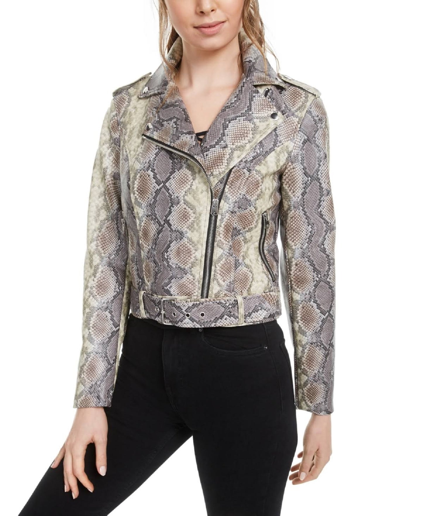 Bar III Women's Faux Leather Snake Print Leather Jacket Pink Size Medium