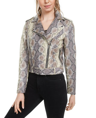 Bar III Women's Faux Leather Snake Print Leather Jacket Pink Size Medium