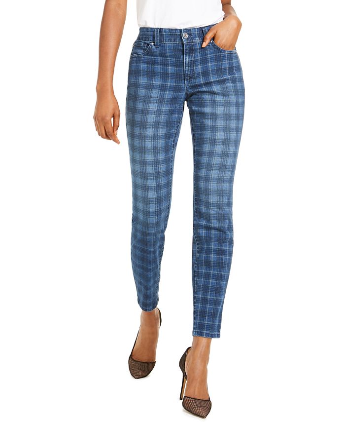 INC International Concepts Women's Plaid Skinny Jeans Blue Size 18