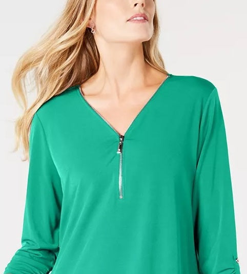 JM Collection Women's Zipper Trim 3/4 Sleeve Top Green Size Small