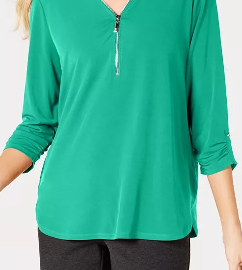 JM Collection Women's Zipper Trim 3/4 Sleeve Top Green Size Small