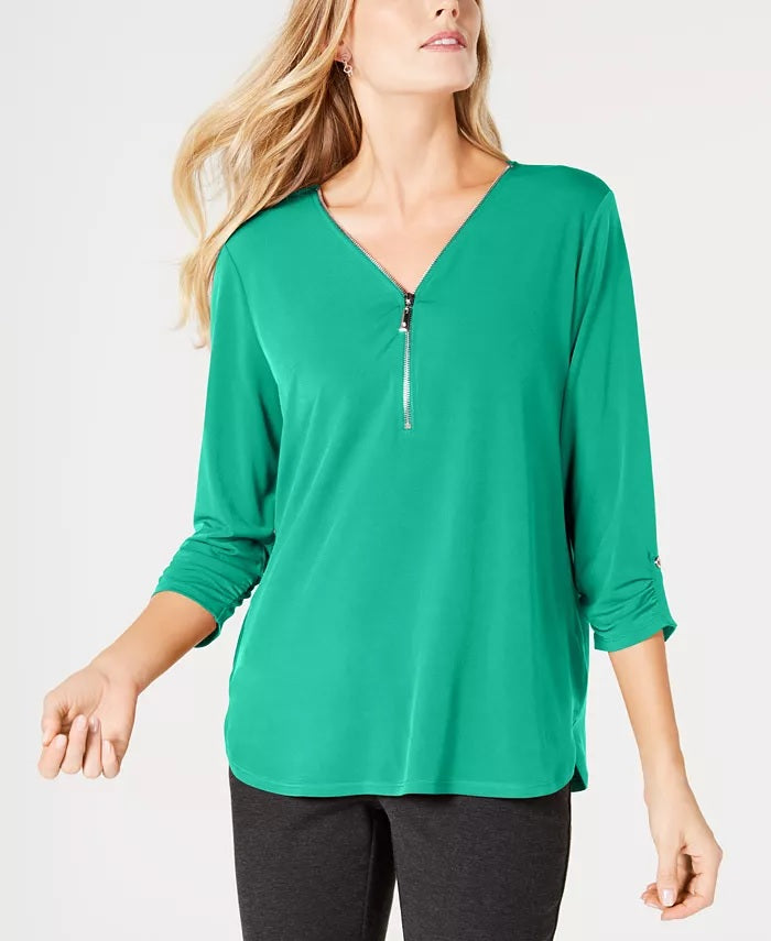 JM Collection Women's Zipper Trim 3/4 Sleeve Top Green Size Medium