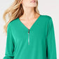 JM Collection Women's Zipper Trim 3/4 Sleeve Top Green Size Medium
