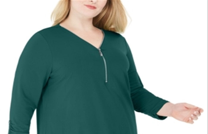 JM Collection Women's Plus Solid Zip Top Green Size 2X